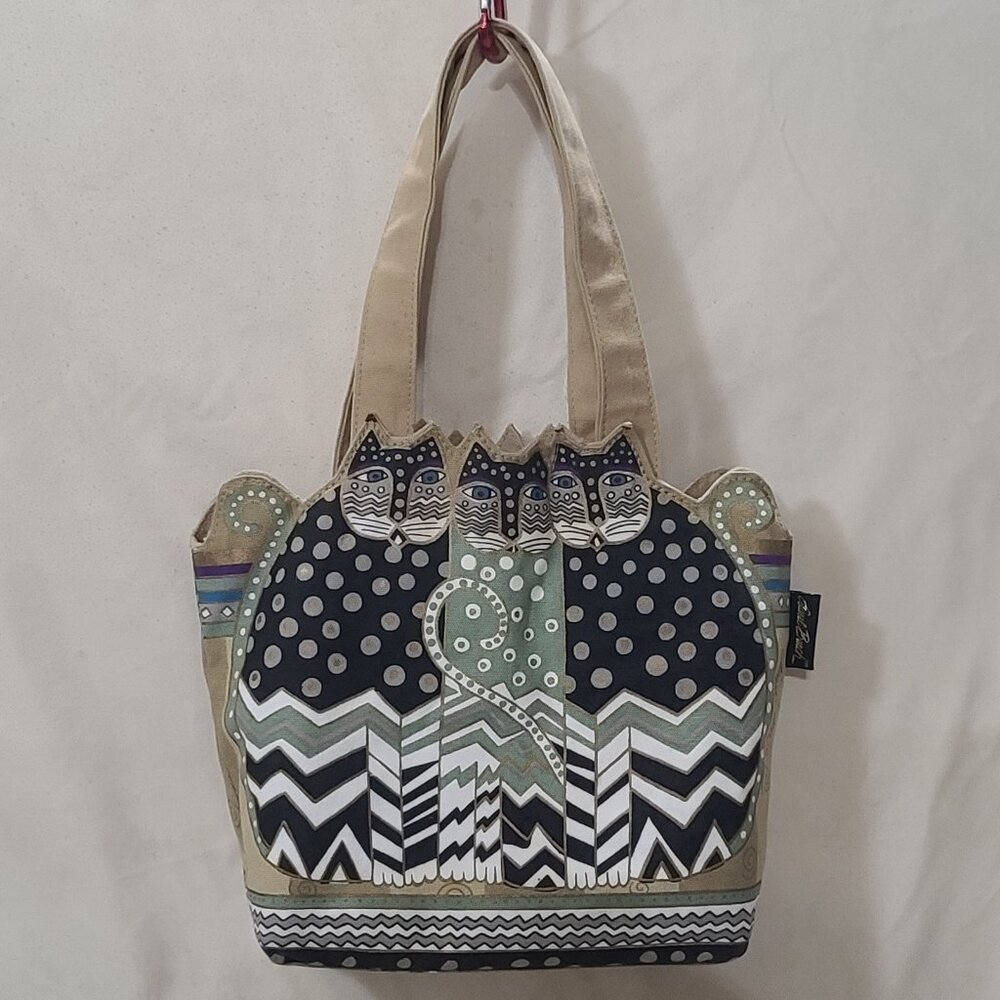 Vintage Laurel Burch Art Canvas Purse Handbag Cutout Cats Tan Black Zip Bag